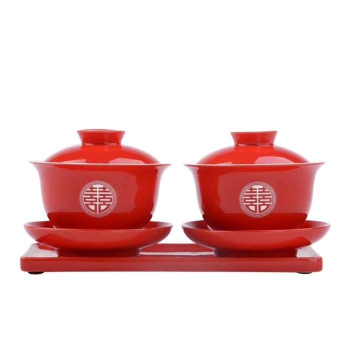 2 x Red Gaiwan Tea Sets & Tea Tray - Chinese Wedding Tea Ceremony Theme - Shanghai Teas
