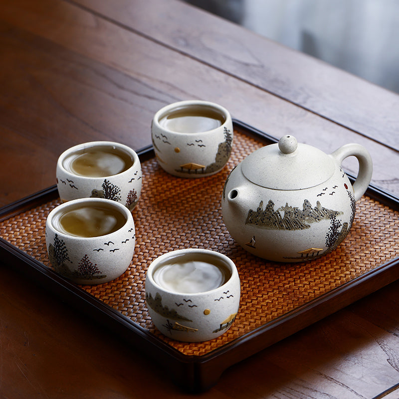 Bai Yu Duan Clay Yixing Teapot Set - Yixing Teapot with Landscape Art 240ML + 4 Teacups Shanghai Teas