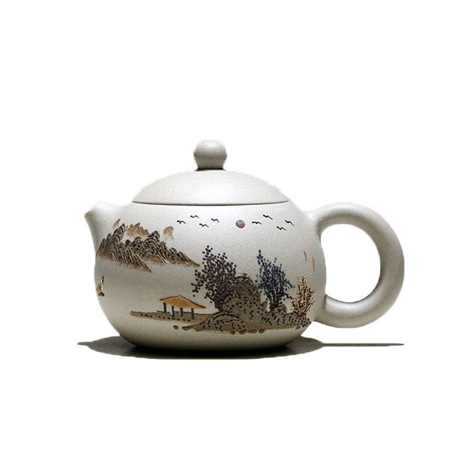 Bai Yu Duan Clay Yixing Teapot Set - Yixing Teapot with Landscape Art 240ML + 4 Teacups Shanghai Teas