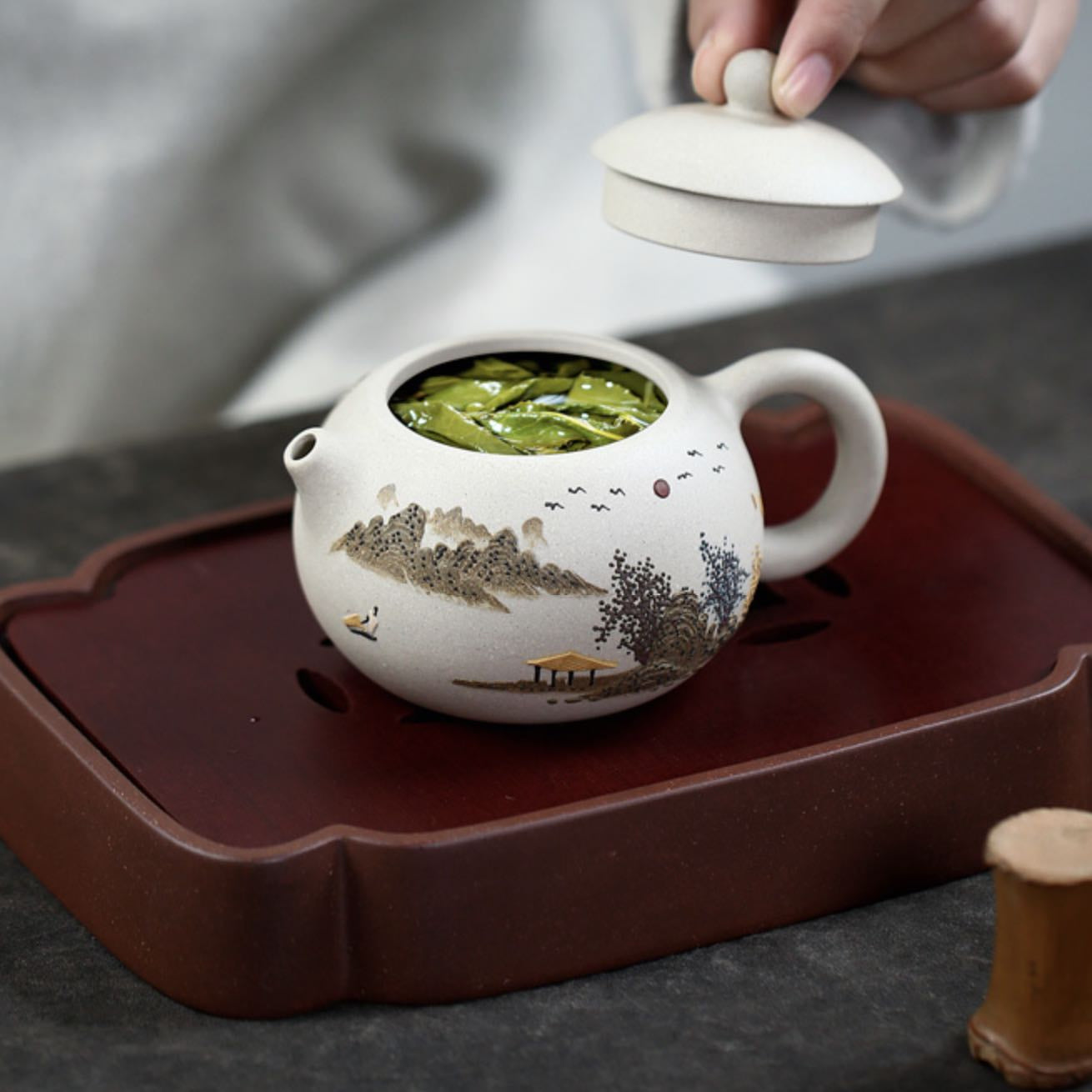 Bai Yu Duan Clay Yixing Teapot Set - Yixing Teapot with Landscape Art 240ML + 4 Teacups Shanghai Teas
