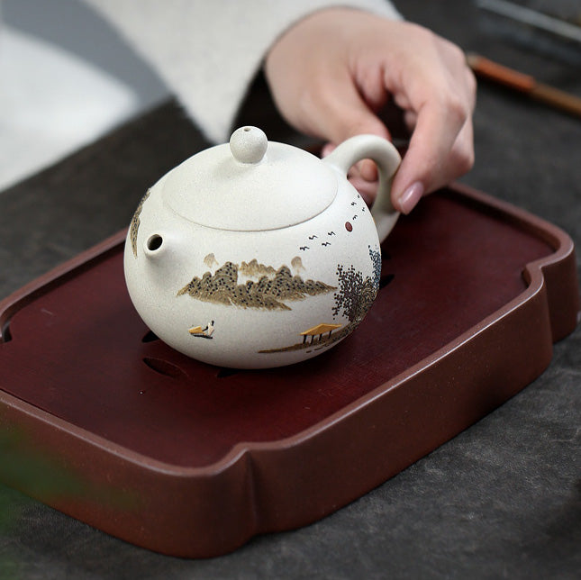 Bai Yu Duan Clay Yixing Teapot Set - Yixing Teapot with Landscape Art 240ML + 4 Teacups Shanghai Teas