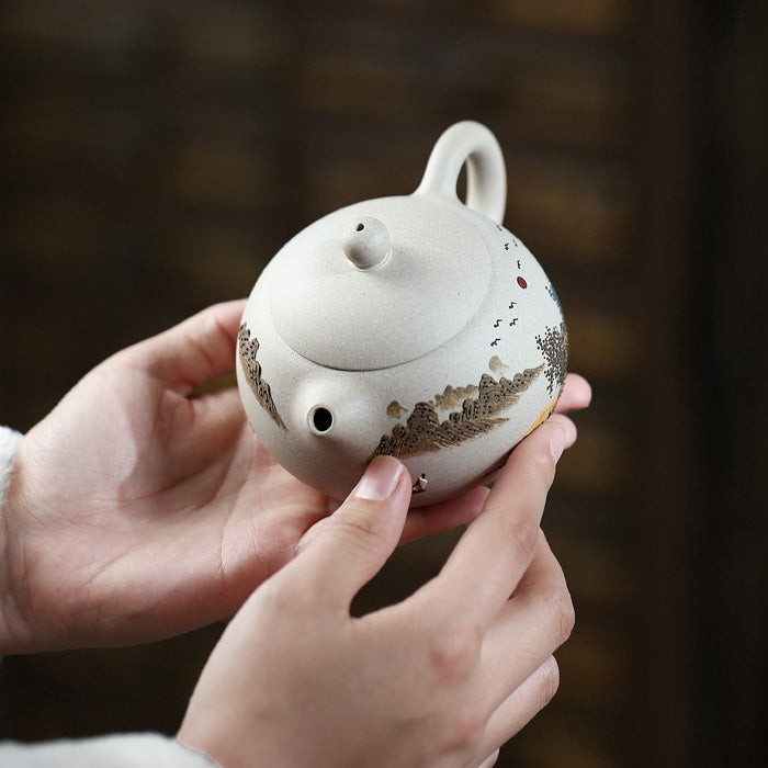 Bai Yu Duan Clay Yixing Teapot Set - Yixing Teapot with Landscape Art 240ML + 4 Teacups Shanghai Teas