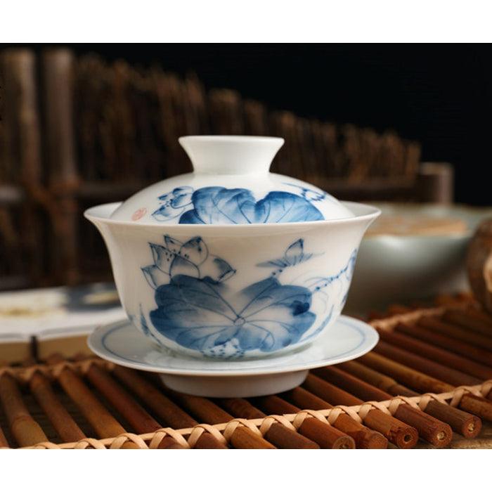 'Blue Lotus' Floral Chinese Gaiwan Tea Cup (120 ml / 4.1 oz) - Shanghai Teas