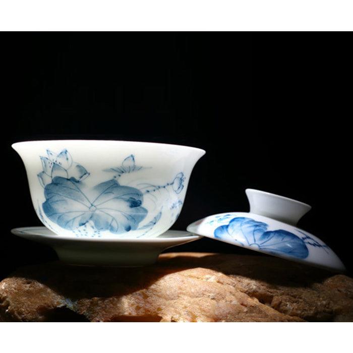 'Blue Lotus' Floral Chinese Gaiwan Tea Cup (120 ml / 4.1 oz) - Shanghai Teas
