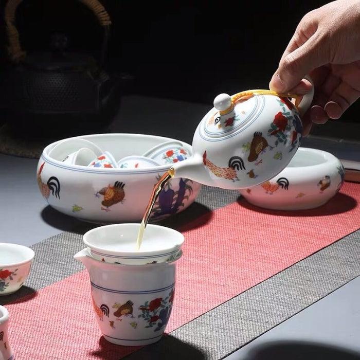 Chicken Gongfu Tea Set, Antique Style: Teapot, Cups, Pitcher & Filter - Shanghai Teas