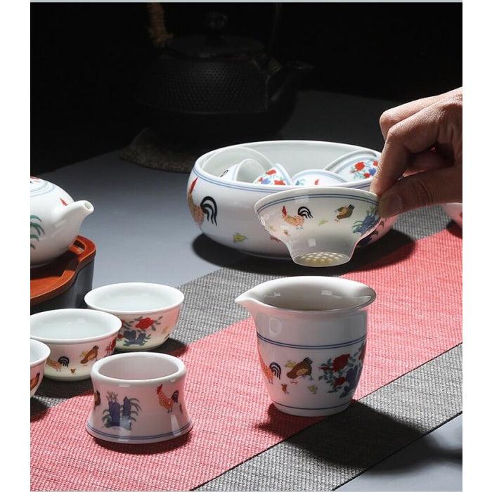 Chicken Gongfu Tea Set, Antique Style: Teapot, Cups, Pitcher & Filter - Shanghai Teas