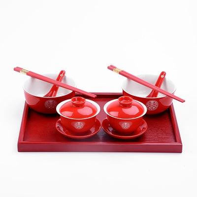 'Double Happiness' Chinese Red Wedding Set: 2 Gaiwans, Bowls, Chopsticks, Spoons & 1 Tray - Shanghai Teas