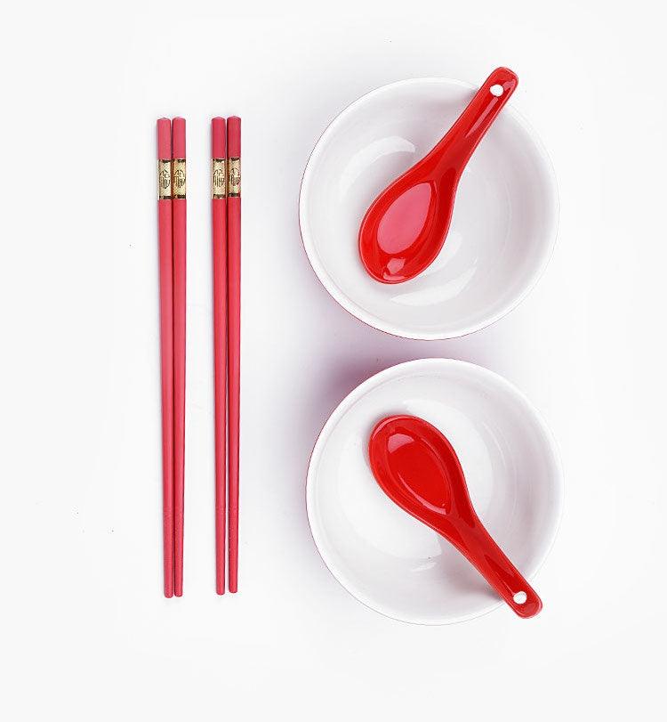 'Double Happiness' Chinese Red Wedding Set: 2 Gaiwans, Bowls, Chopsticks, Spoons & 1 Tray - Shanghai Teas