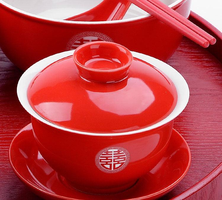 'Double Happiness' Chinese Red Wedding Set: 2 Gaiwans, Bowls, Chopsticks, Spoons & 1 Tray - Shanghai Teas