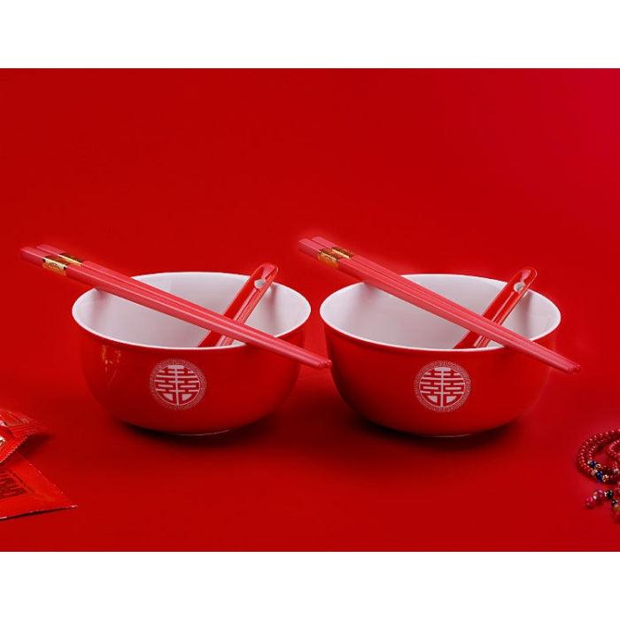 'Double Happiness' Chinese Red Wedding Set: 2 Gaiwans, Bowls, Chopsticks, Spoons & 1 Tray - Shanghai Teas