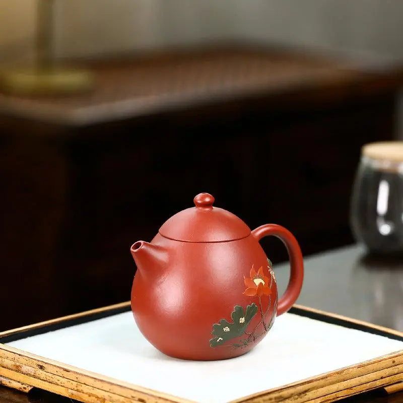 Hetang Dragon Egg Yixing Tea Pot, Lotus Pond Clay Painting 260ml - Shanghai Teas