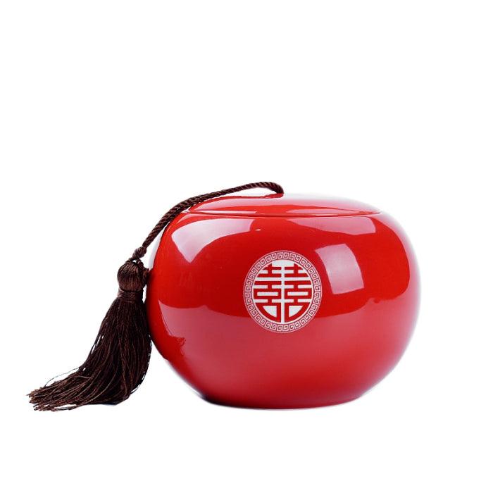 Red Ceramic Jar, ‘Double Happiness’ Character Engraved - Shanghai Teas