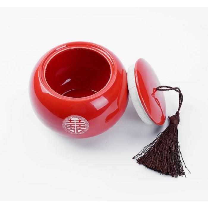 Red Ceramic Jar, ‘Double Happiness’ Character Engraved - Shanghai Teas