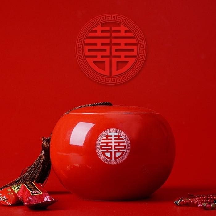 Red Ceramic Jar, ‘Double Happiness’ Character Engraved - Shanghai Teas