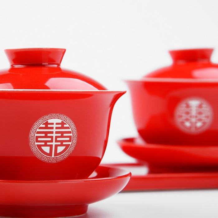 2 x Red Gaiwan Tea Sets & Tea Tray - Chinese Wedding Tea Ceremony Theme