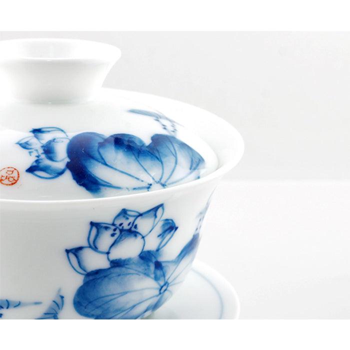 'Blue Lotus' Floral Chinese Gaiwan Tea Cup (120 ml / 4.1 oz)