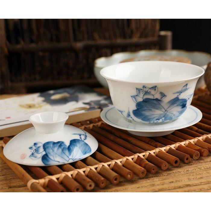 'Blue Lotus' Floral Chinese Gaiwan Tea Cup (120 ml / 4.1 oz)