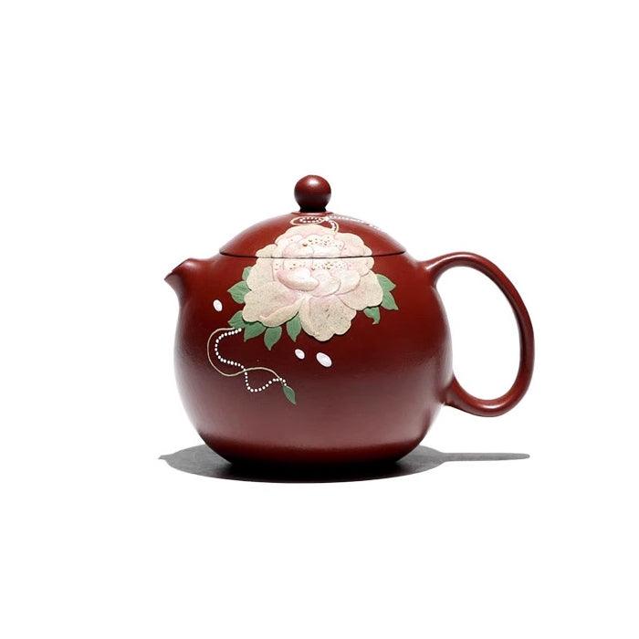 Pufferfish Xishi Yixing Teapot, Peony Art, Da Hong Pao Zhu Ni Clay 150ml