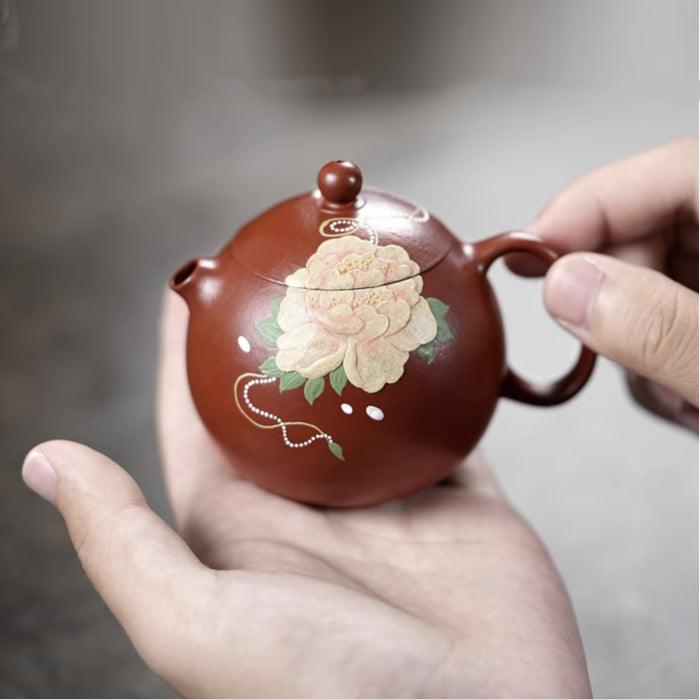 Pufferfish Xishi Yixing Teapot, Peony Art, Da Hong Pao Zhu Ni Clay 150ml