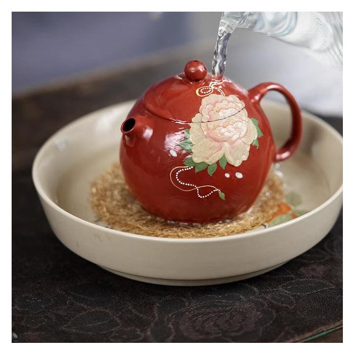 Pufferfish Xishi Yixing Teapot, Peony Art, Da Hong Pao Zhu Ni Clay 150ml