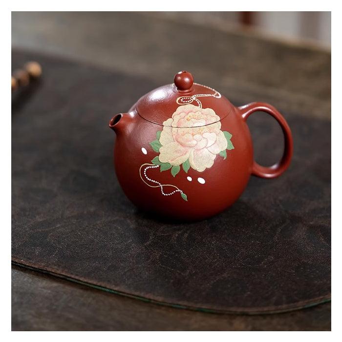 Pufferfish Xishi Yixing Teapot, Peony Art, Da Hong Pao Zhu Ni Clay 150ml