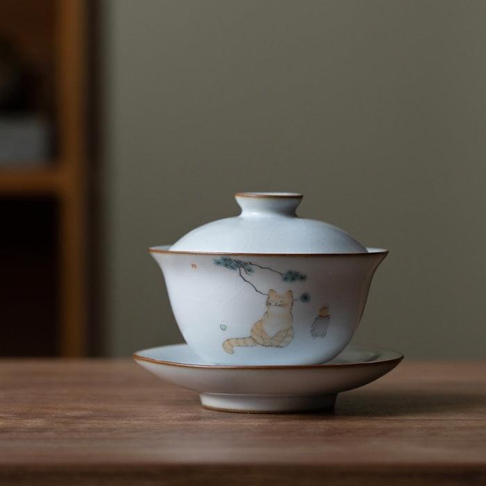 Ru Kiln Artisan Cat Gaiwan – Handmade Ruyao Gaiwan, Crackle Glaze 160ml